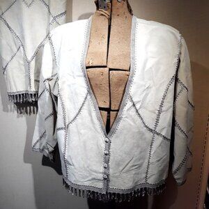 Tan Suede Skirt Suit Womens 4X Midi Crochet Patchwork